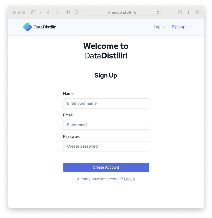 Sign up for DataDistillr